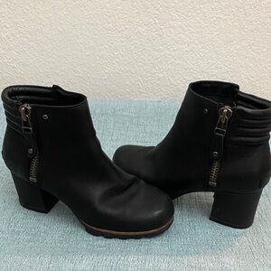 Sorel Black Leather Ankle Boots Women’s 8.5 Chunky Heel Lug Sole
